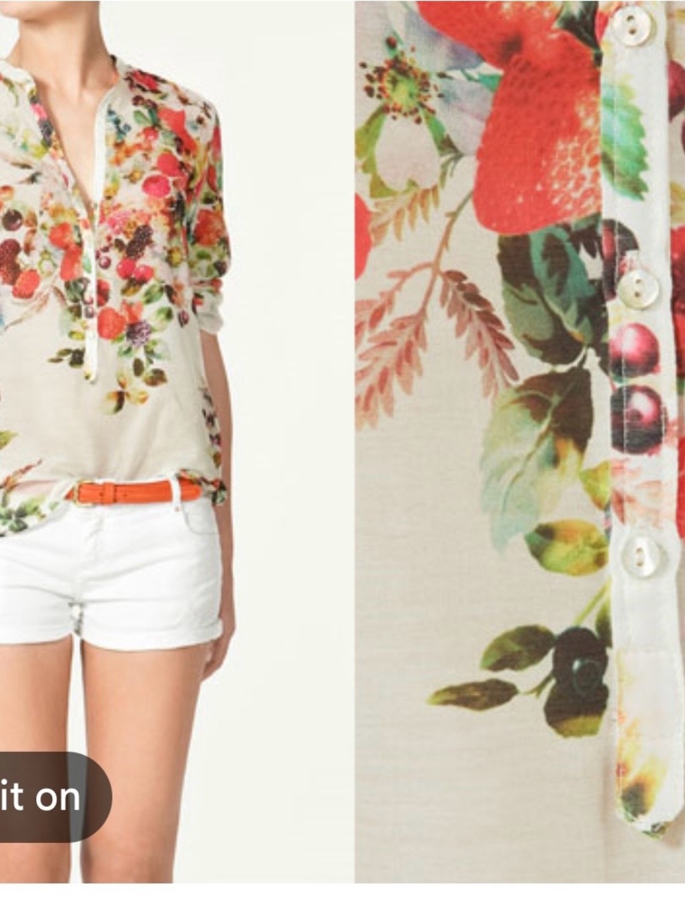 ISO Zara Floral Popover Blouse in Cream, Red, Green